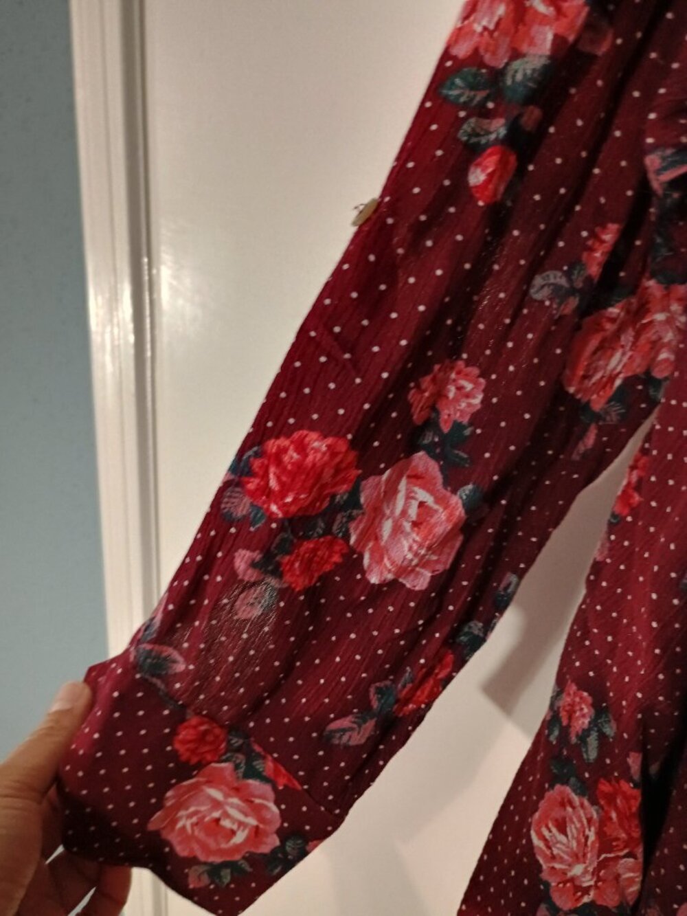 Umgee Burgundy Floral Polka Dot 3/4 Sleeve Ruffle Hem Blouse XL - Picture 5 of 8